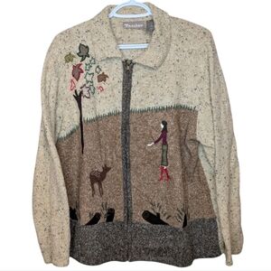 Tan Jay Brown & Oatmeal Knit Embroidered Zip Up Collared Sweater Women Large